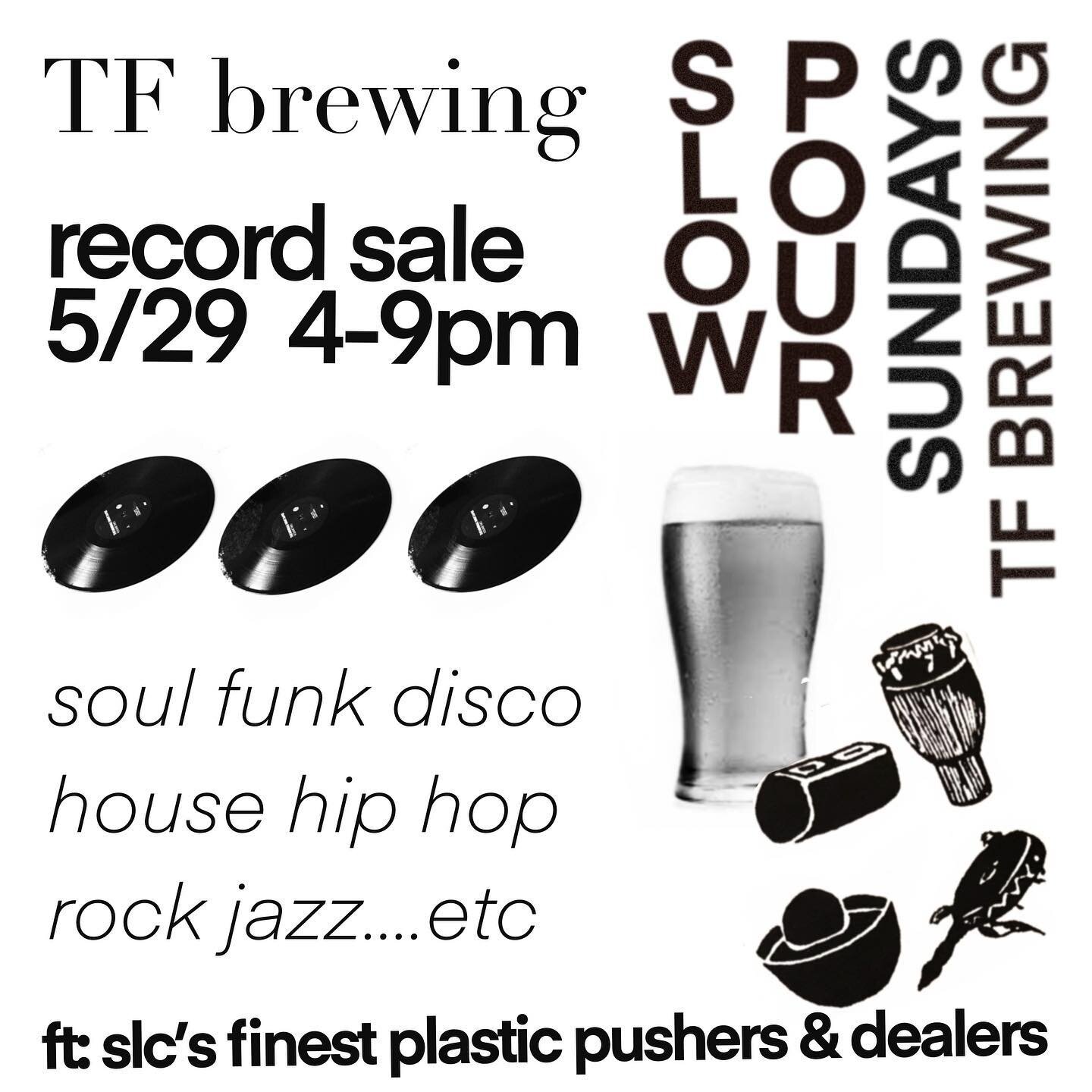 Take Note! This Sunday we will be hosting a record sale at @tfbrewing during our SLOW POUR SUNDAYS patio sesh. Some of UT&rsquo;s finest record sellers including : @synthandsoulrecords - @diskotk - @pleasantlyslc - @elevator.jazzshop - @fischloops - 