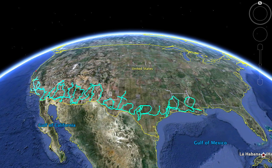 After spending the fall drawing paths in Google Earth to identify passable roads, I attempted to drive 22,870 kilometers to trace a cursive phrase connecting the Pacific Ocean with the Gulf of Mexico.
