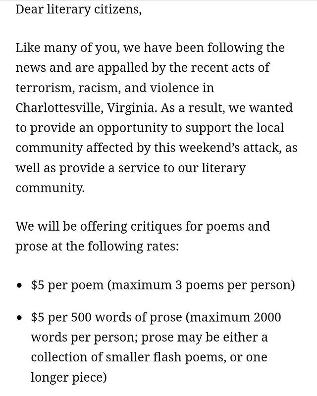 @citizenlitcast is offering writing critiques in exchange for donations to #Charlottesville organizations. Link for full details in bio.