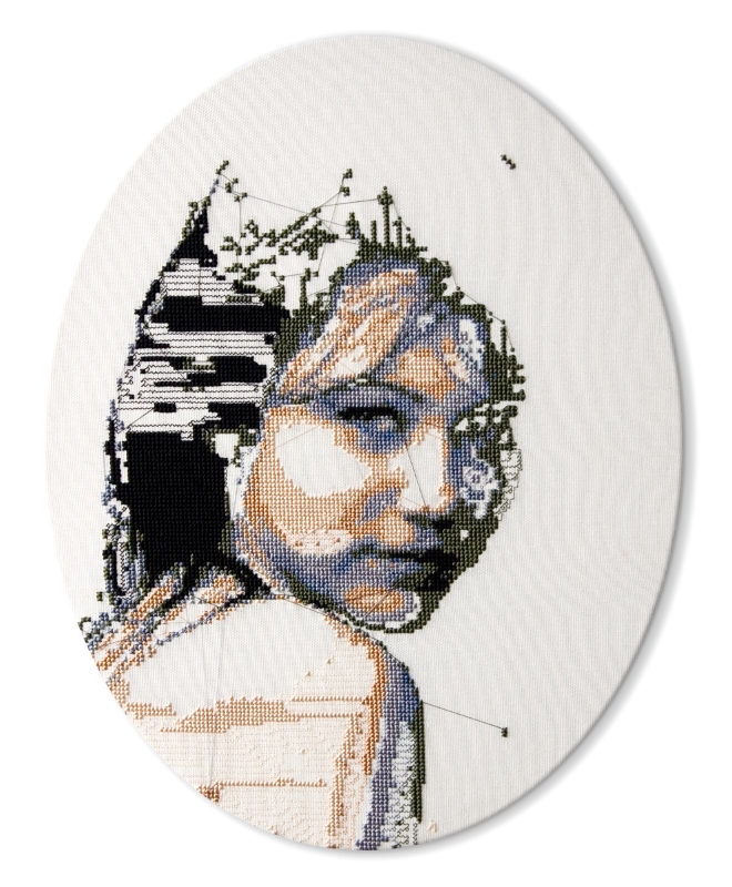  Image: Alicia Ross, Phrenology Study of Miley Cyrus, cross-stitch on cotton, 2010 / ©Alicia Ross