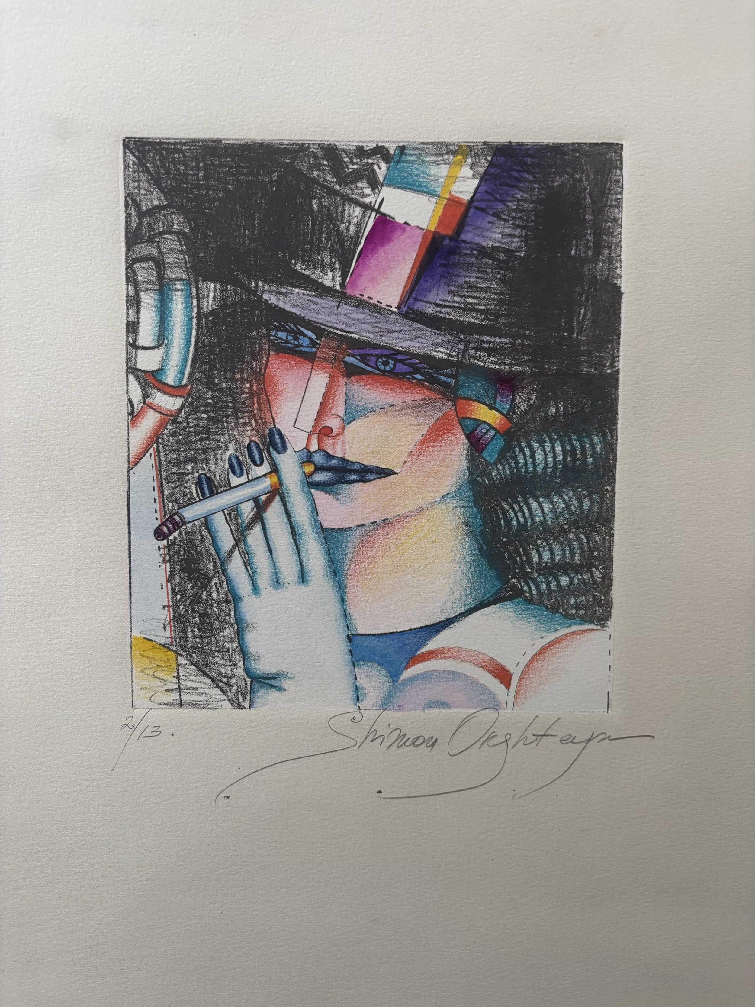 SMOKING CIGS, 1984 Hand colored etching, 7″x 5″ Edition: 2/13