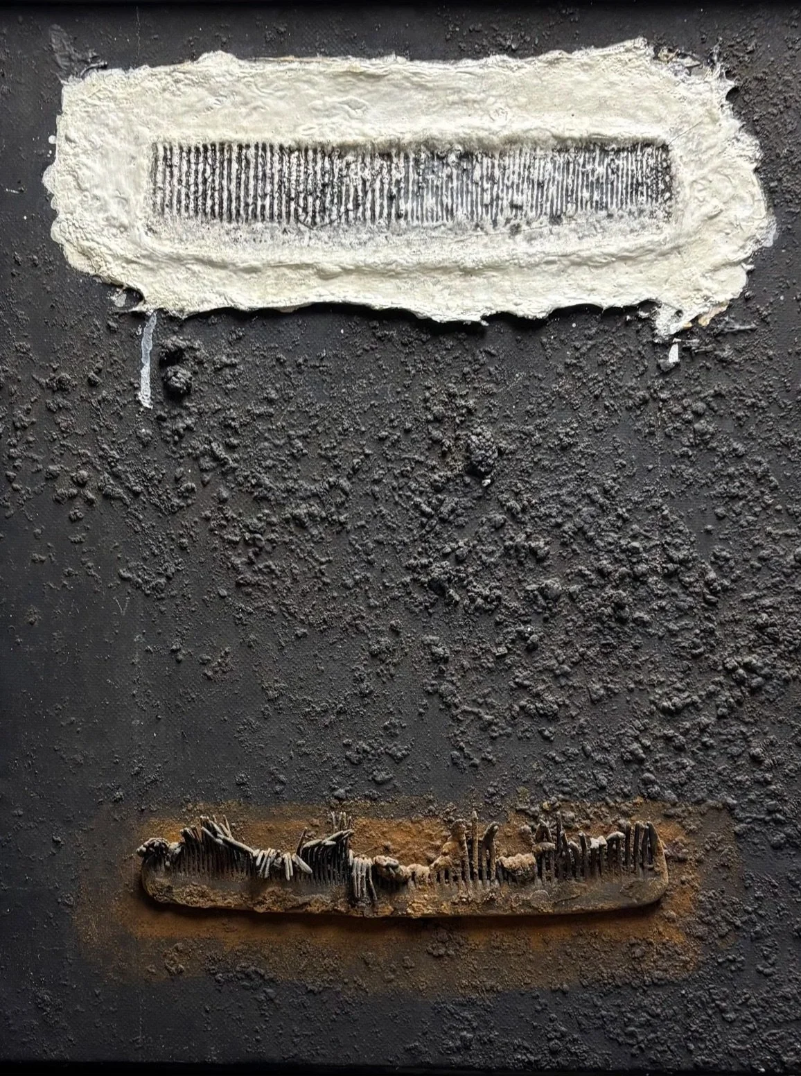 TWO COMBS, 1998 Plastic combs, paint, cement on canvas | 17"x 14"