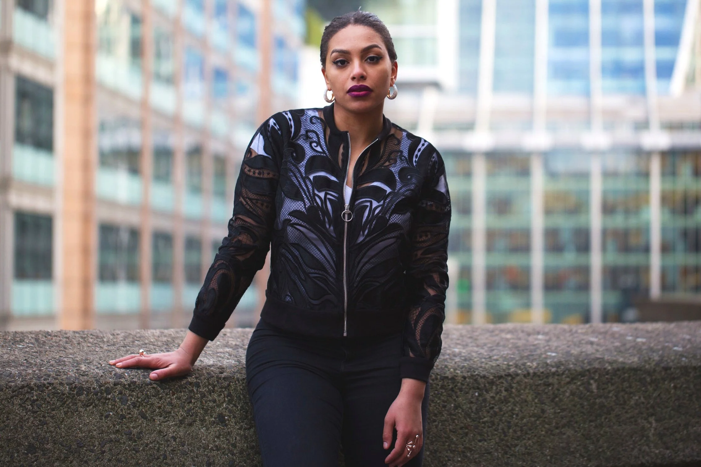 Black Sheer Lace Bomber Jacket Quillattire