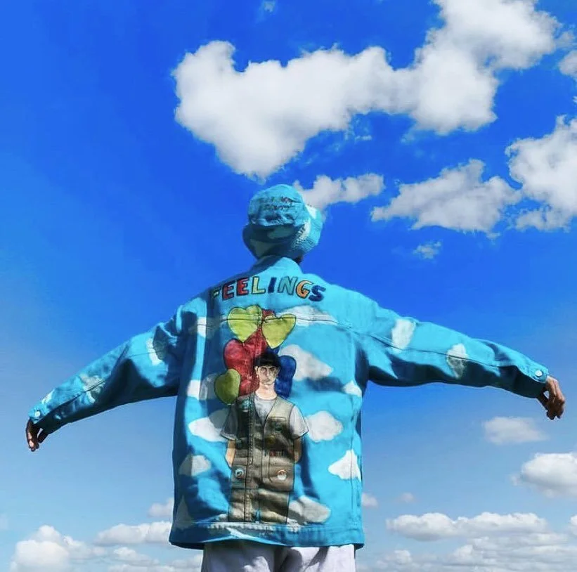@imcurtiswaters in our bespoke hand painted, embroidered &amp; dyed jacket &amp; hat made especially for him 😍 
Hand painted on the back is Curtis himself from his single &lsquo;The Feelings tend to stay the same&rsquo; 🎈 

Thanks so much for these