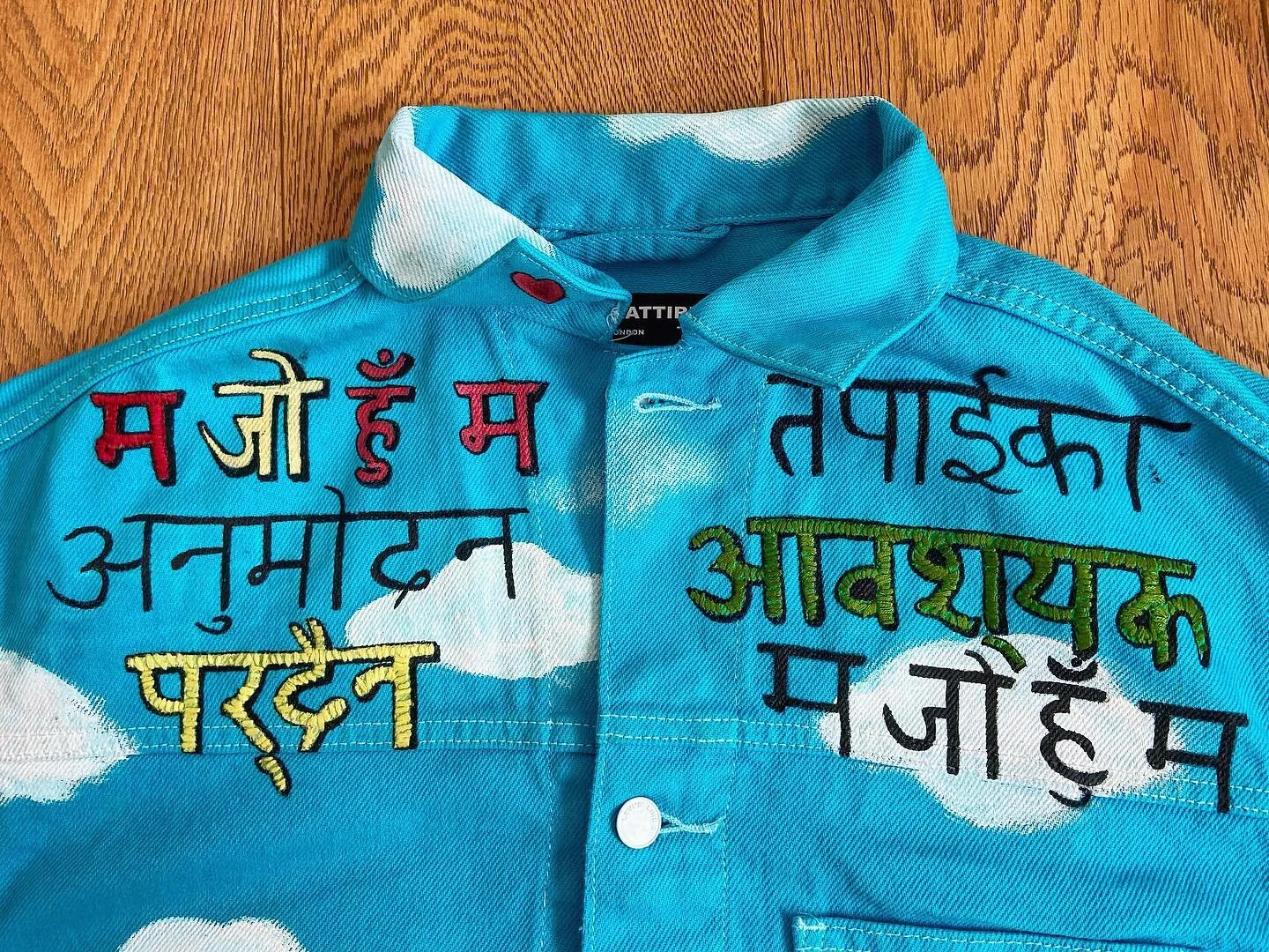 It was so exciting to incorporate Nepali into @imcurtiswaters bespoke jacket 😍 I know how to write Hindi as I was taught it whilst growing up, so it was easy translating it into Nepali which is Curtis&rsquo;s heritage.💜 
It translates in to English