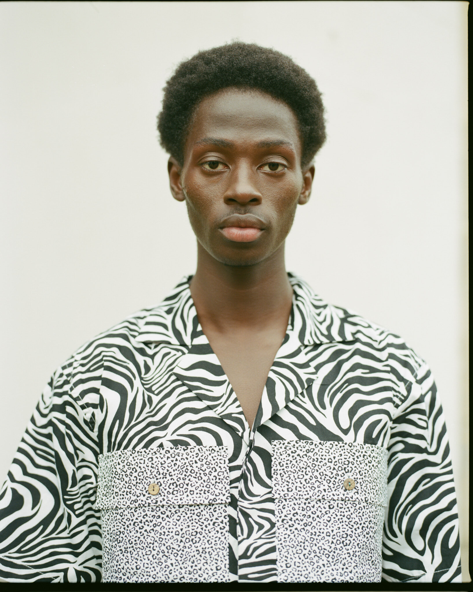 sustainable cotton zebra print shirt with coconut shell buttons