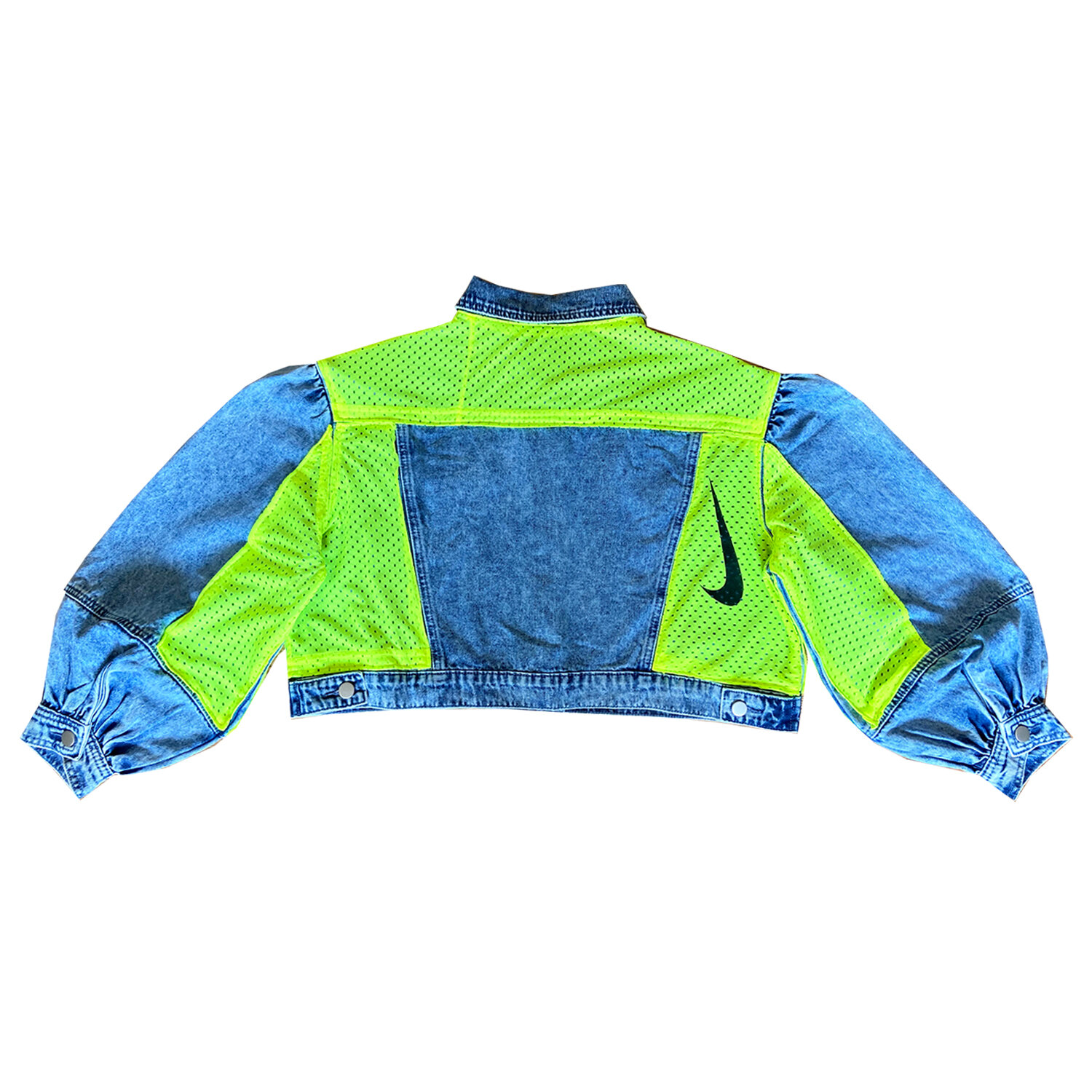 Blue cropped Denim Puff Sleeve Up-cycled Neon Yellow Nike Jacket Quillattire