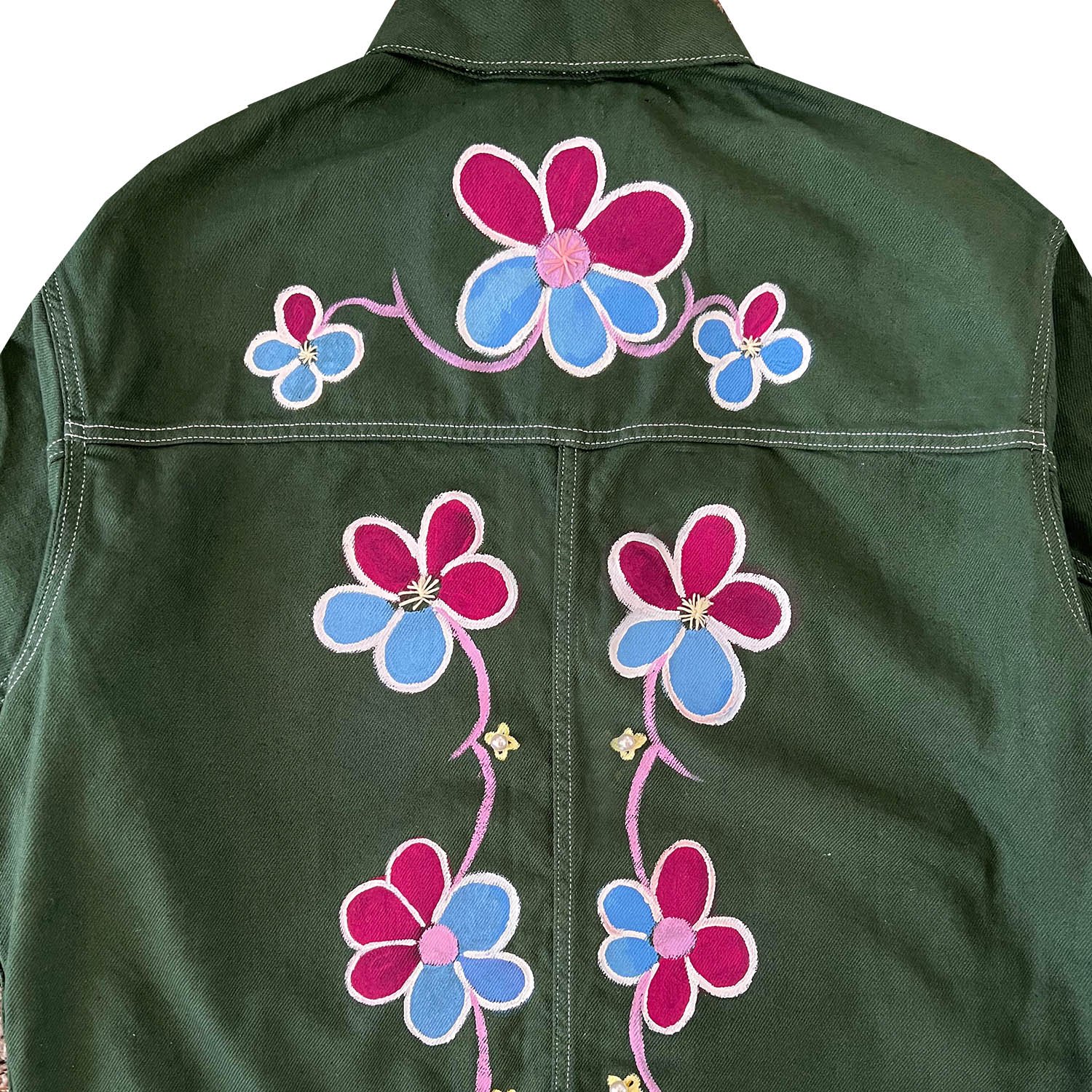 Green Denim Floral Denim Jacket - Quillattire
