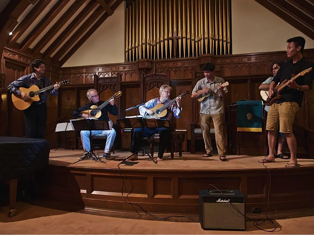 Jeff Peterson, John Dearman, Ben Verdery, Ian O'Sullivan, Arash Noori, and Ray Zhou performing at Makawao Union Church (2014)