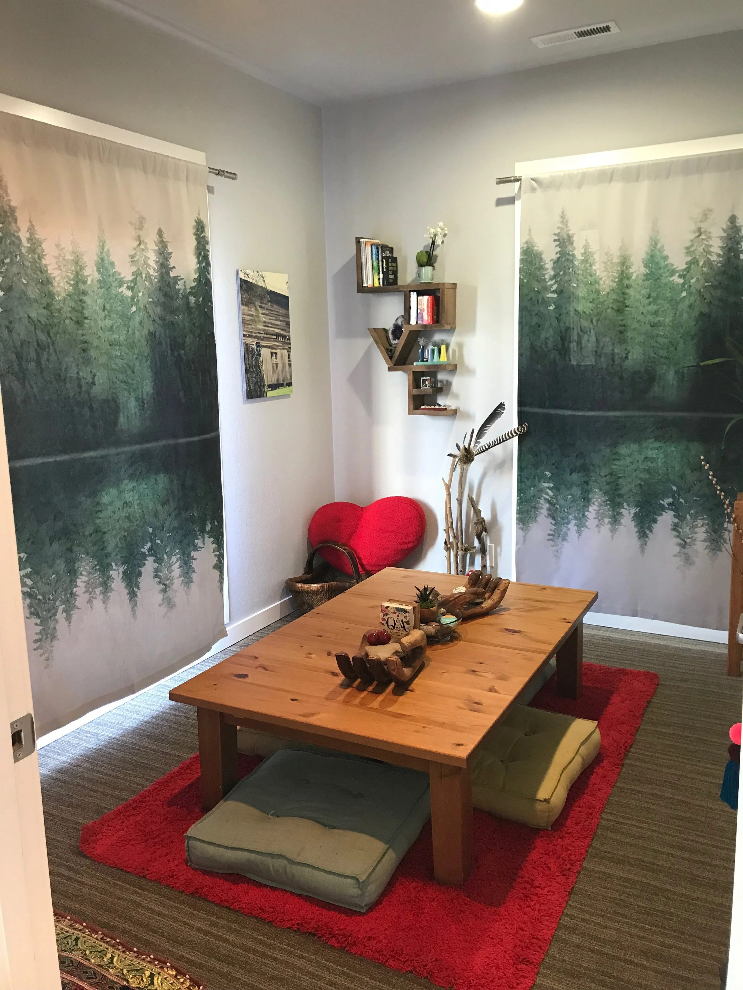 The wood-themed room is for inspired connection. There are many question tools in the space to create new conversation with someone you love. Or maybe you want to have more meaningful conversation with someone. Make yourself a cup of tea at the self-serve tea station and enjoy curious connection.