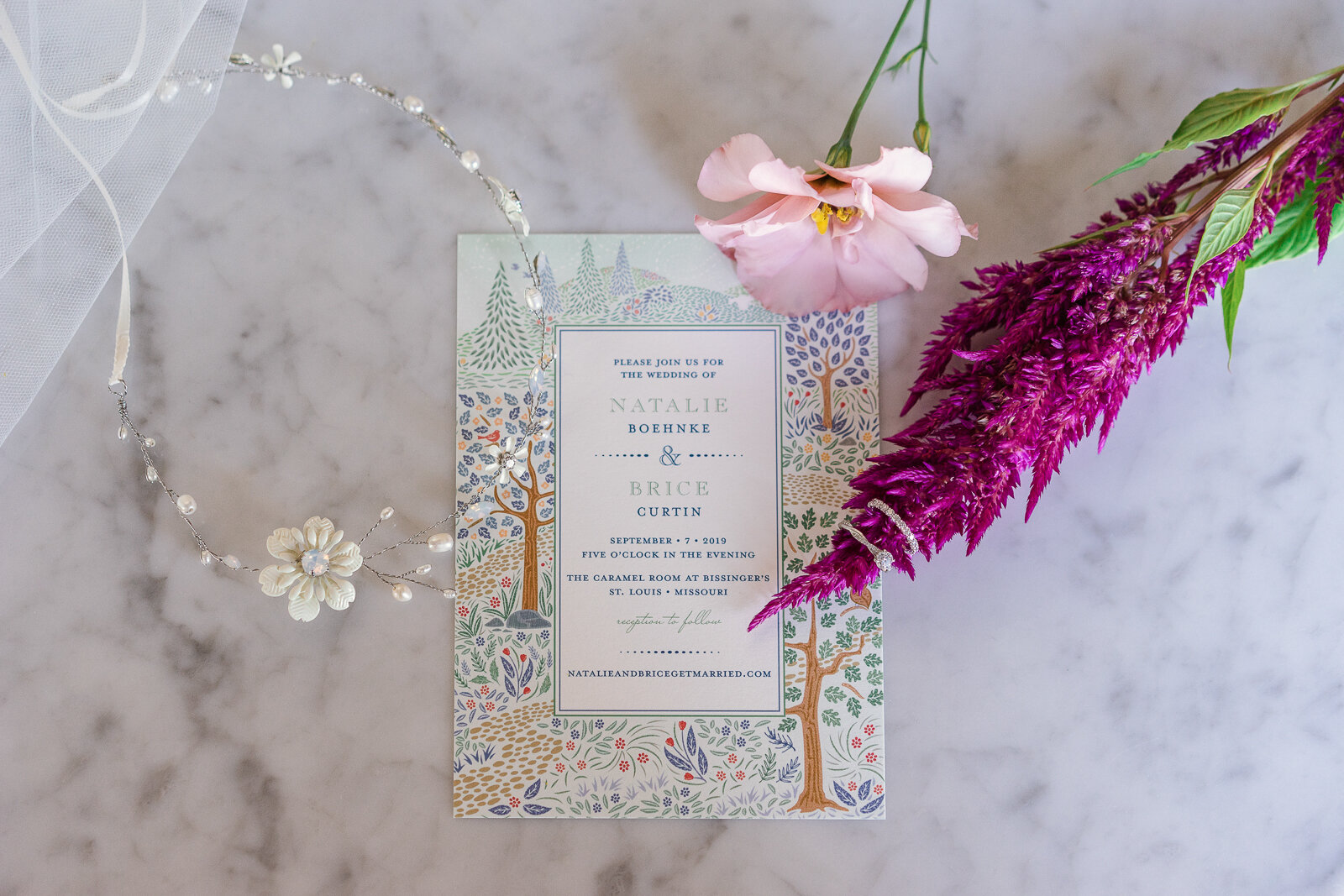 Wedding flat lay Minted wedding invitation with flowers from Urban Buds
