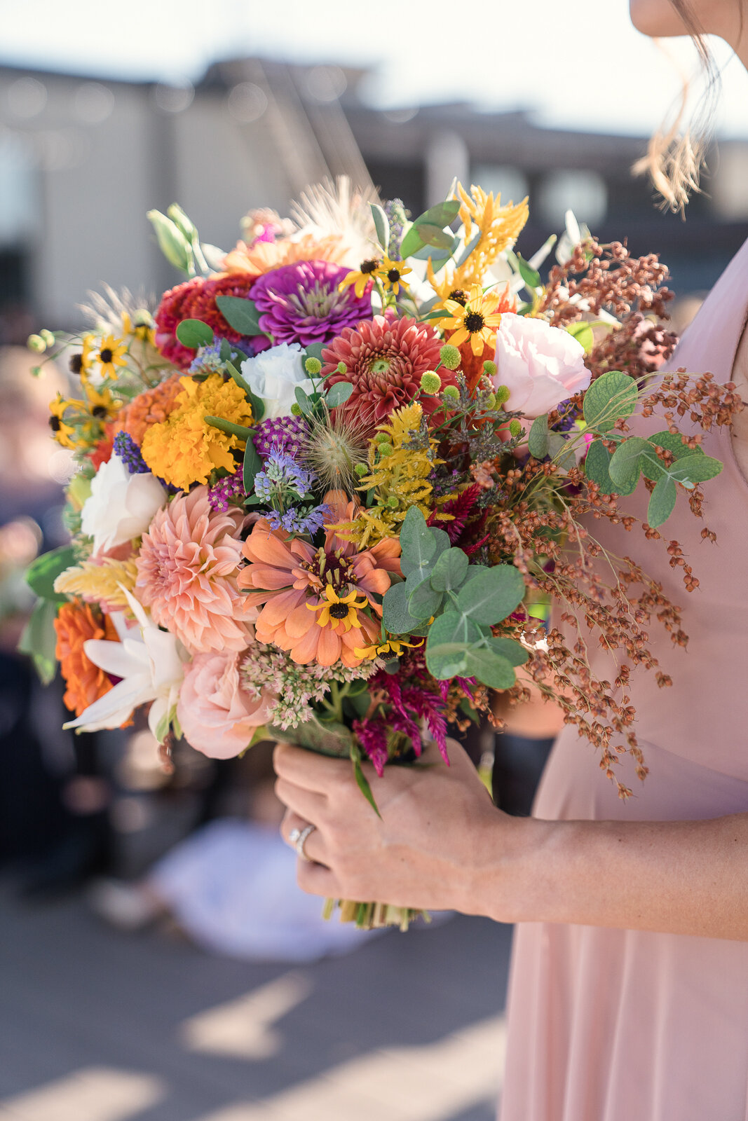 Bridesmaid bouquet during wedding ceremony