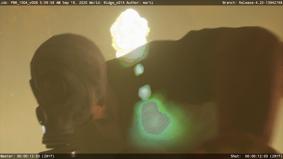 A shell exploding behind the injured Kaur leads the audience eye quite nicely and gives us enough time to see, and then Duggy runs into the gas to save him.