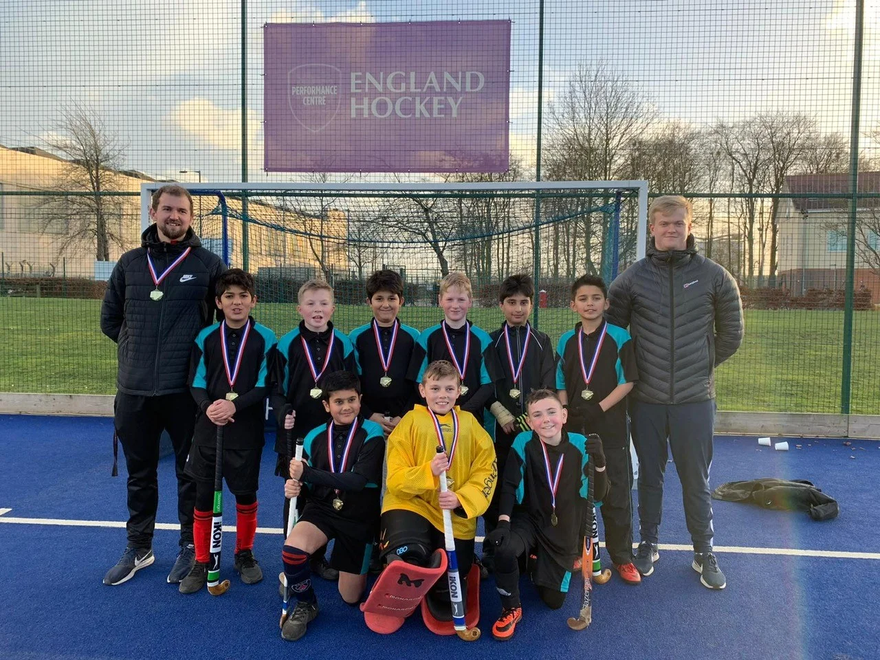 Back row: David Sills, PE teacher and sports coach, Danial Tariq (11), Jake Birch (10), Raees Khan (11), Alex Hardeman (11), Harris Khan (10), Uzaire Khan (11), Josh Green, sports student teacher. Front Row (l-r) - Harris Afif (11), Cody Richardson …