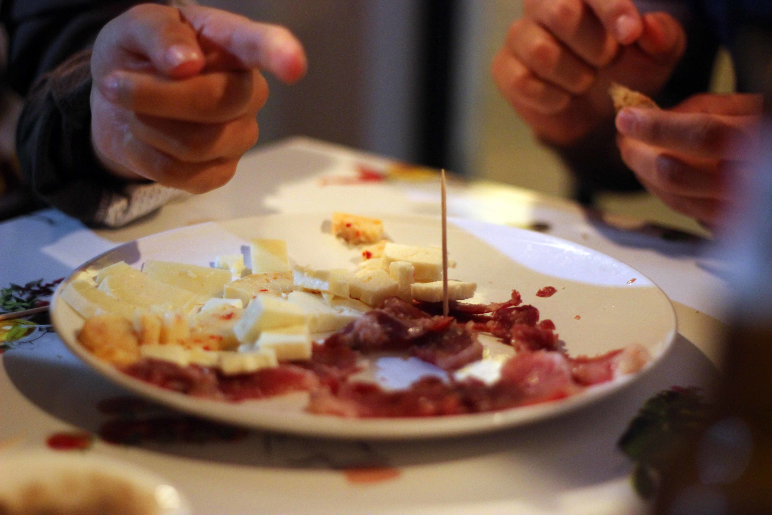 dinner with chouriço, cheese and red wine!