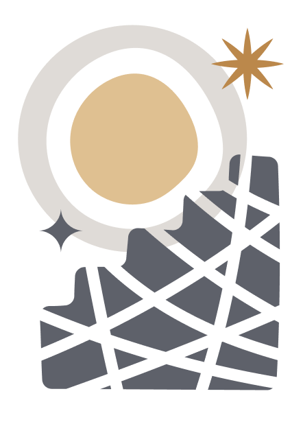 Top view of a beige coffee cup on a saucer, surrounded by decorative elements including a star and sparkles, with a gray and black patterned doily underneath.