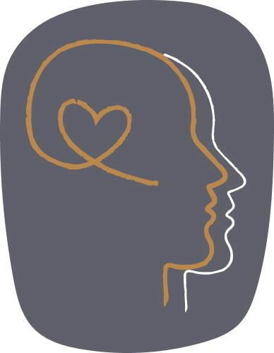 Line drawing of two profiles, one inside the other, with a heart shape in the inner profile's head, on a dark background.