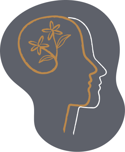 Stylized outline of a human head with flowers inside the brain area, in minimalist lines and neutral colors.