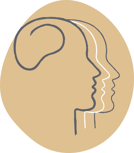 Line drawing of three human profiles in a row, representing different stages of thought or consciousness.