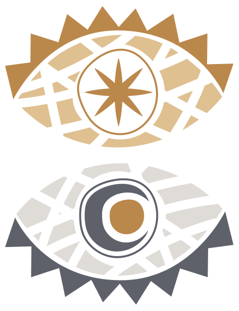 Stylized illustration of two eyes, one above the other. The top eye has a brown and beige color scheme with a star-shaped pupil, while the bottom eye features shades of gray with a circular pupil, both surrounded by geometric patterns.