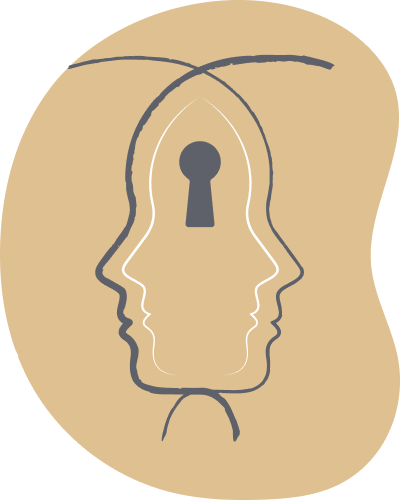 Illustration of two overlapping human head profiles with a keyhole in the center, symbolizing the mind or consciousness.