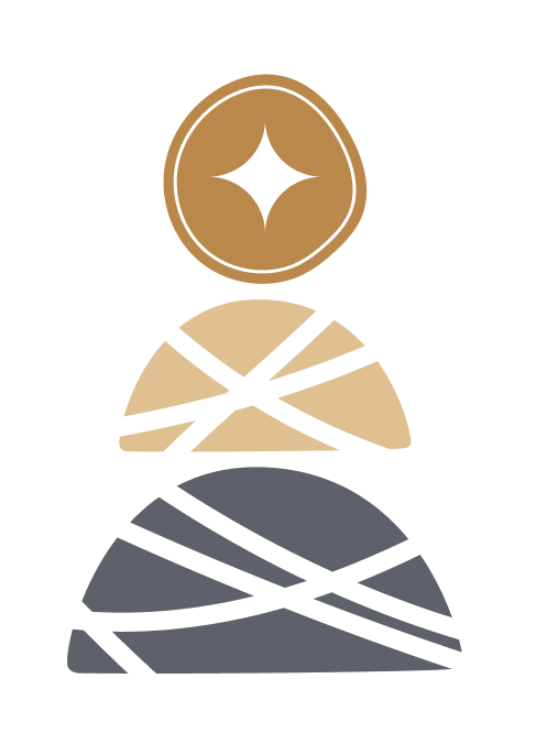 Graphic of three stacked mountain-like shapes in black, gray, and beige with a gold coin featuring a star above the shapes.