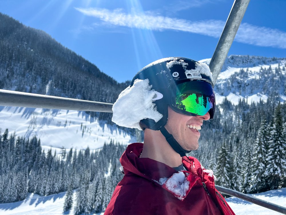 At Stevens Pass, Cliff didn't realize he was carrying helmet snow