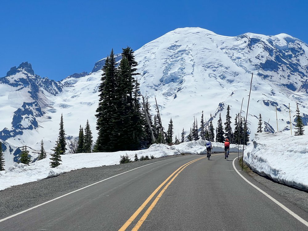 Biking up Sunrise Road in Rainier National Park without cars