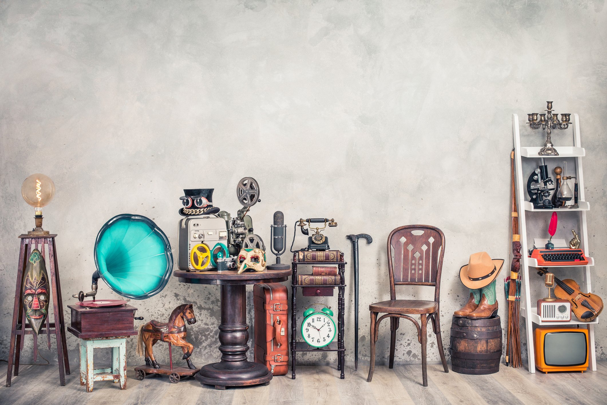 Vintage theater props arranged in a retro-style display