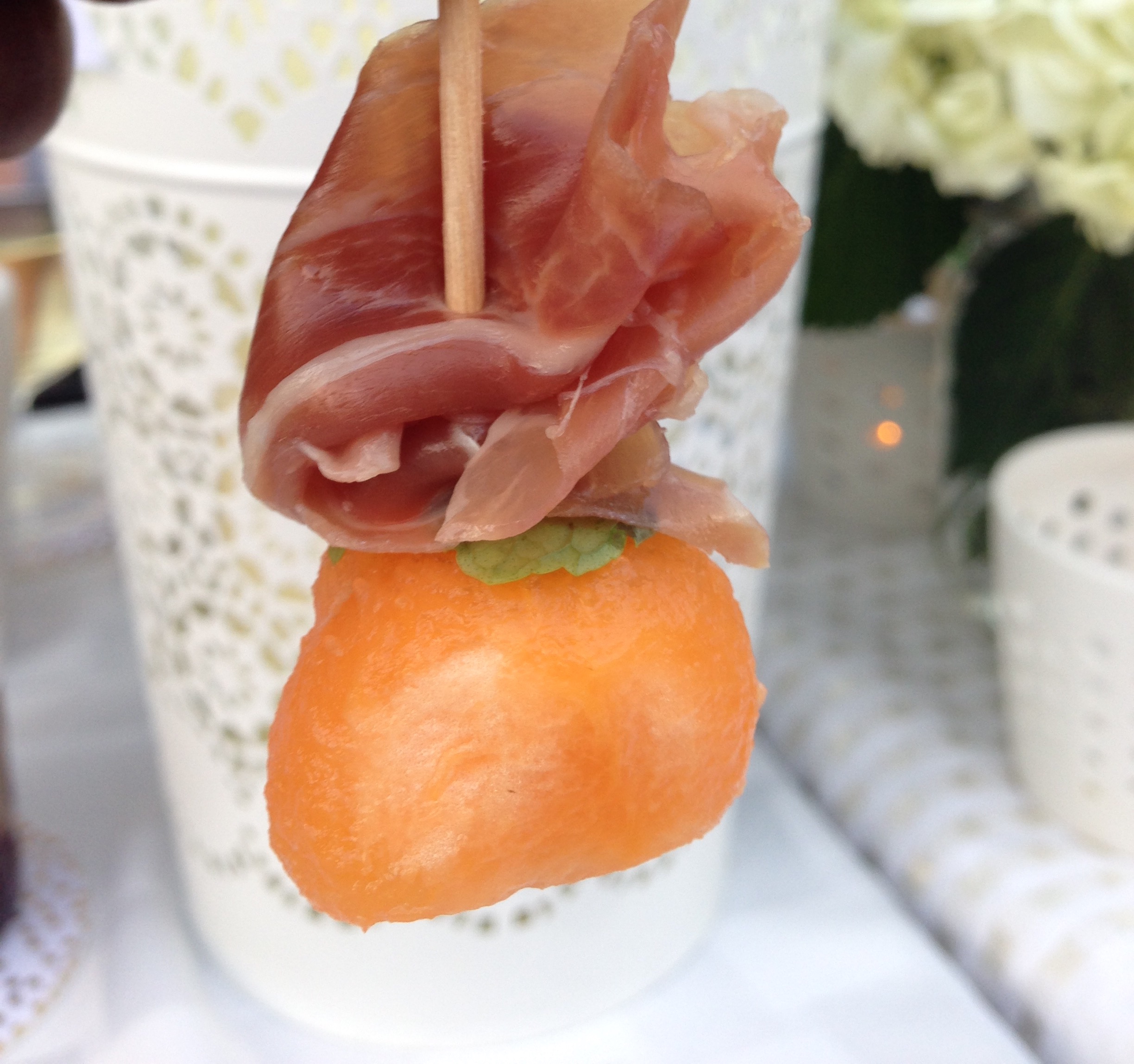 Delicious mini prosciutto, mint and melon skewers made by Laetitia. 