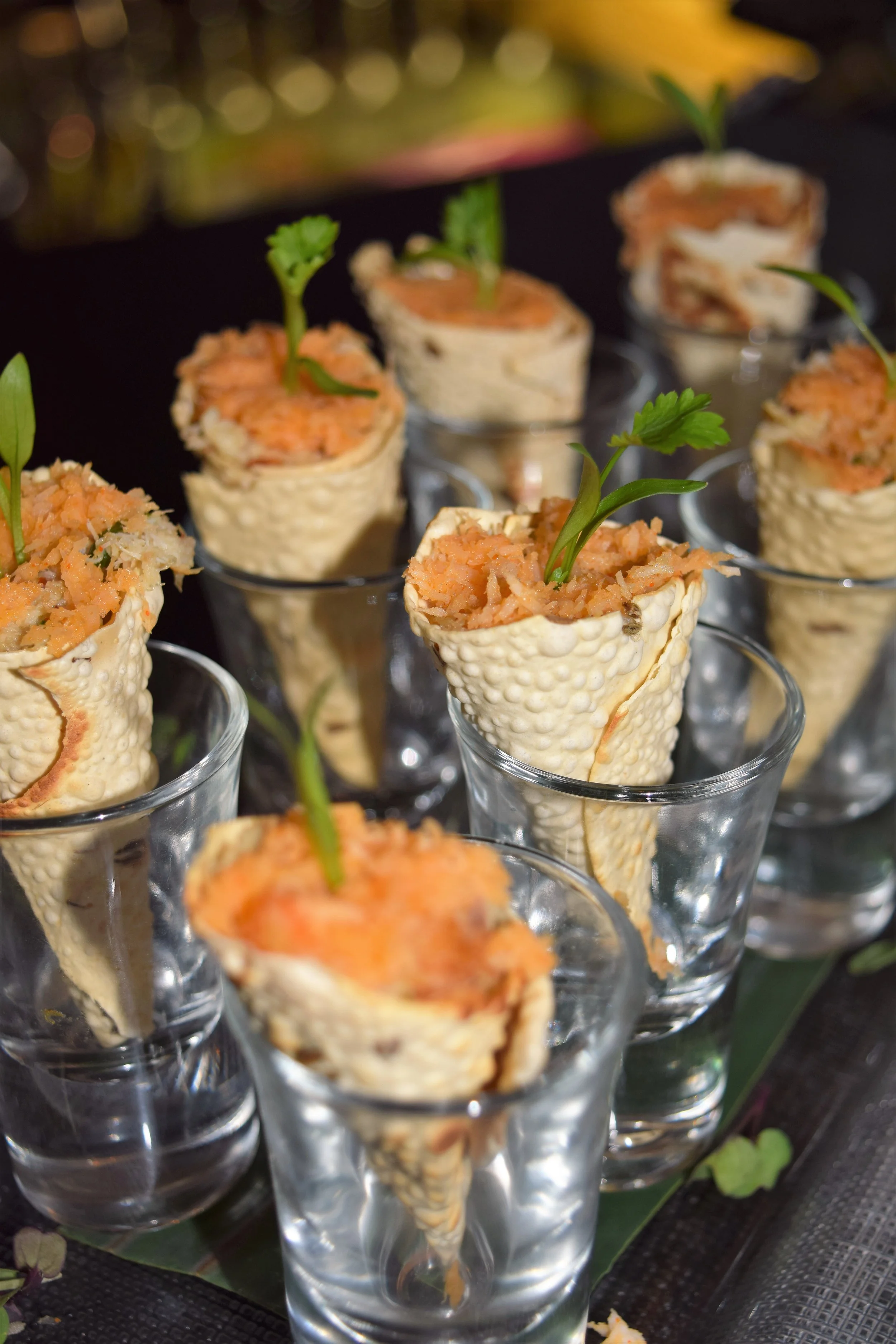 CRAB CORNETTO (crab, green chilies, anise, shallots, roasted lentil and coconut chutney)