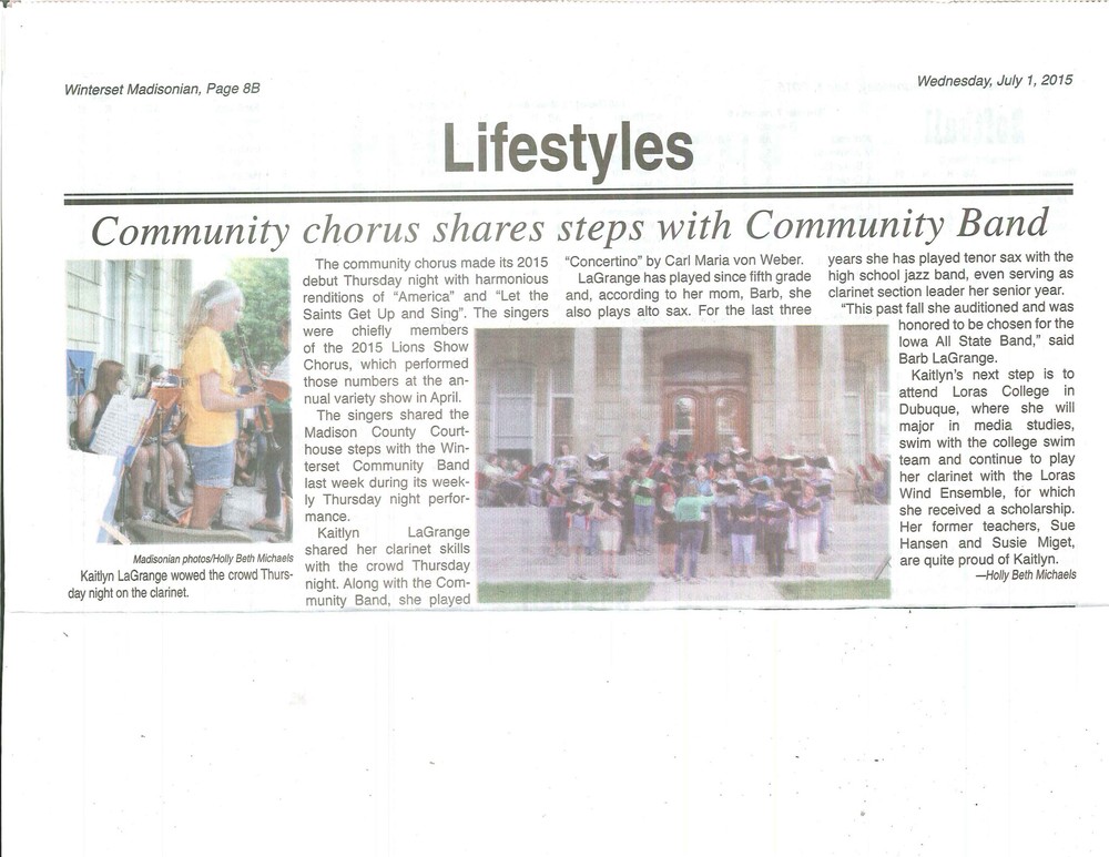 Inaugural Appearance by the Winterset Community Choir - Winterset Madisonian - July 1, 2015