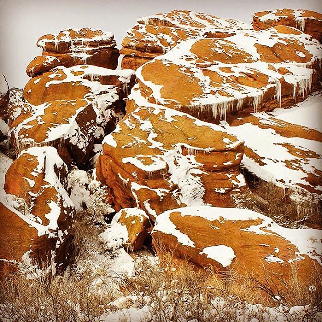 Snow and ice on Pennsylvanian-age Fountain Formation sandstone at Red Rocks Park/Amphitheater - III. A reminder that winter will soon be upon us! Note trees for scale. || #colorado #fountain #geology #geologist #geomorphology #art #science #scenery #