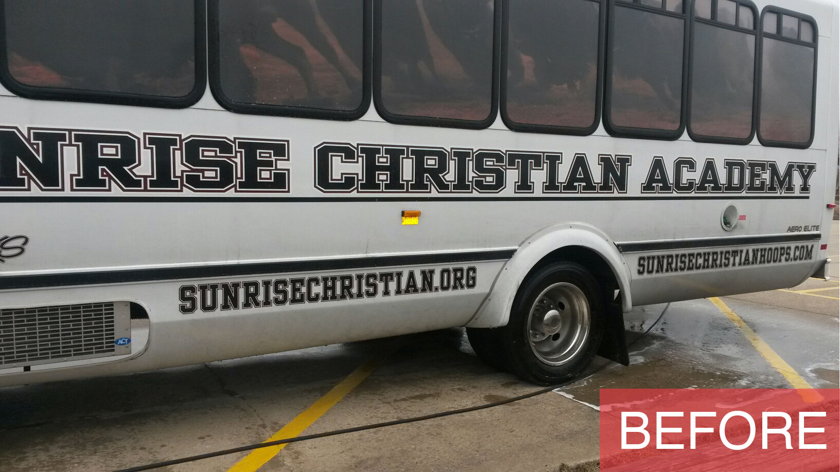 Traveling cruiser bus before being power washed