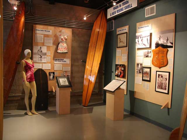 1940s and 1950s Balsa and redwood hotcurl boards. Hollywood's Esther Williams and pioneer Marge Calhoun.