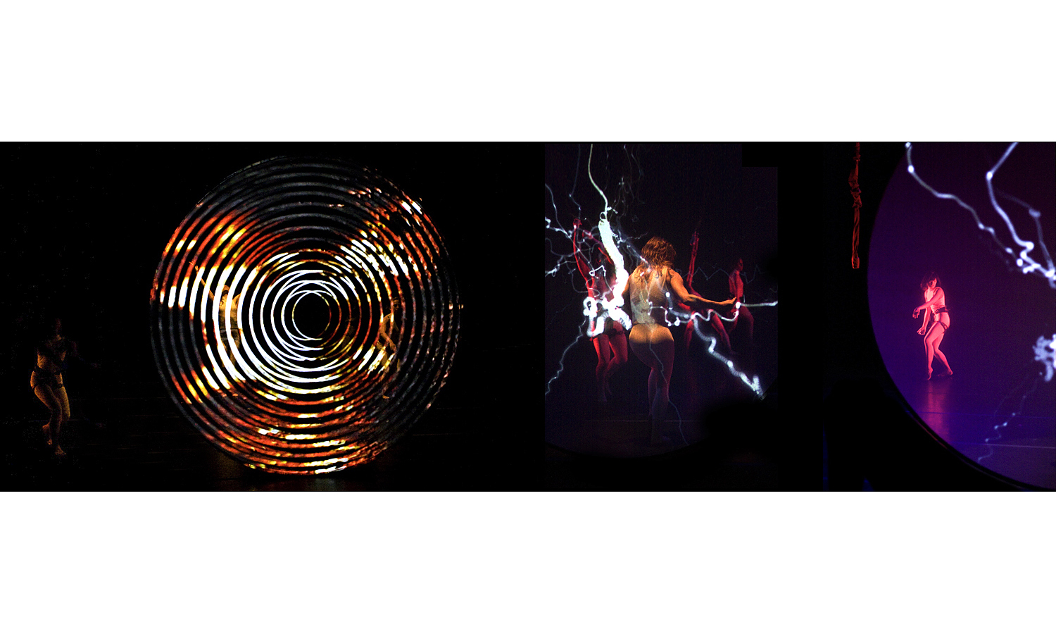 Integrating innovations in stereoscopic projection, motion capture animation, ambisonic sound, and aerial choreography, 