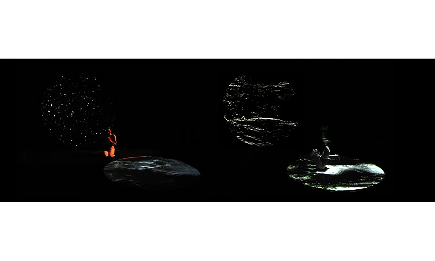 A warrior character is immersed within a subtle virtual environment constructed with two 9′ diameter pools of video – one containing dynamic imagery evocative of the sea, and the other representing the sky. The warrior encounters go