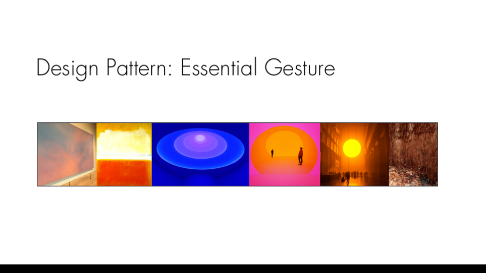  The fundamental aesthetic gesture of neopoetics is  essential  – i.e. expressing an essence of form and of feeling. Building upon traditions of modern art, minimalism, and ambient design, the neopoetic gesture is bold, minimal, and wholly centered w