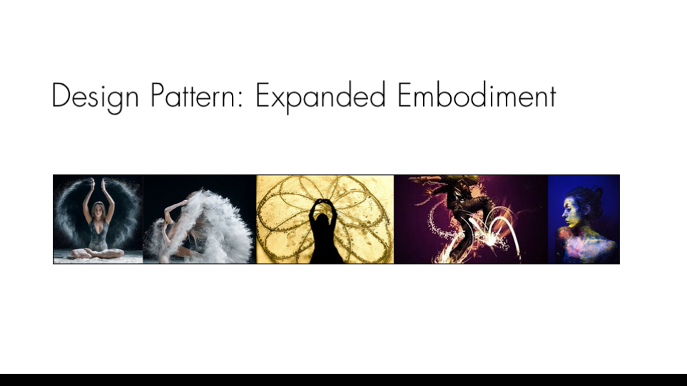 Neopoetics takes a novel approach to virtual embodiment, evoking and igniting inner, embodied states in VR. Drawing upon traditions of modern dance, contemporary yoga and digital performance, Neopoetics imparts embodied sensation through immersive motion design. Neopoetics’ virtual choreographies are dances you are inside of. Like a cathartic inner shower, atmospheric movements shift, align and calibrate the mind and neurosensory system. Integrated, holistic kinetic language activates the participant’s neurosensory system and expands embodied sensation into VR. The expanded embodiment design pattern explores immersive audiovisual techniques for activating embodied sensation, as well as kinesthetic interaction opportunities and physical interface strategies.