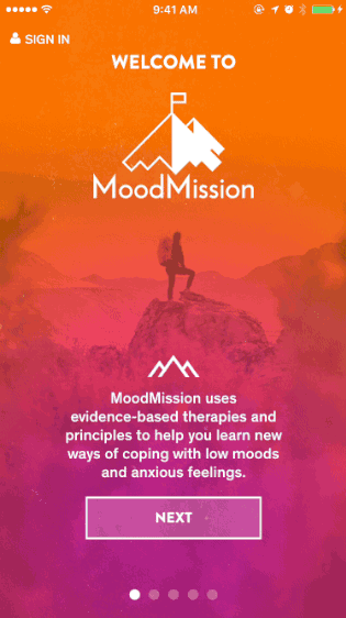 MoodMission's onboarding screens
