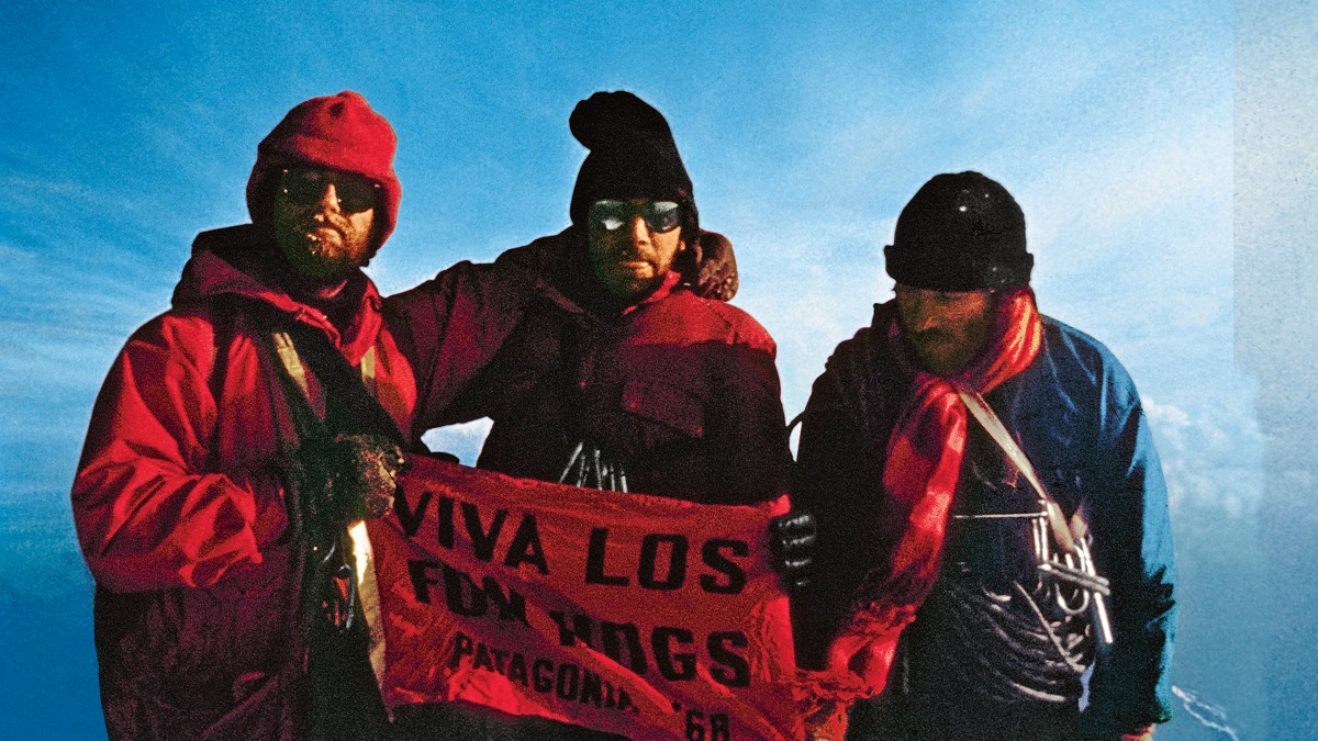 Dick Dorworth, Doug Tompkins, and Yvon Chouinard after the first ascent of the California Route. December 20, 1968, 8PM. Photo c/o Chris Jones