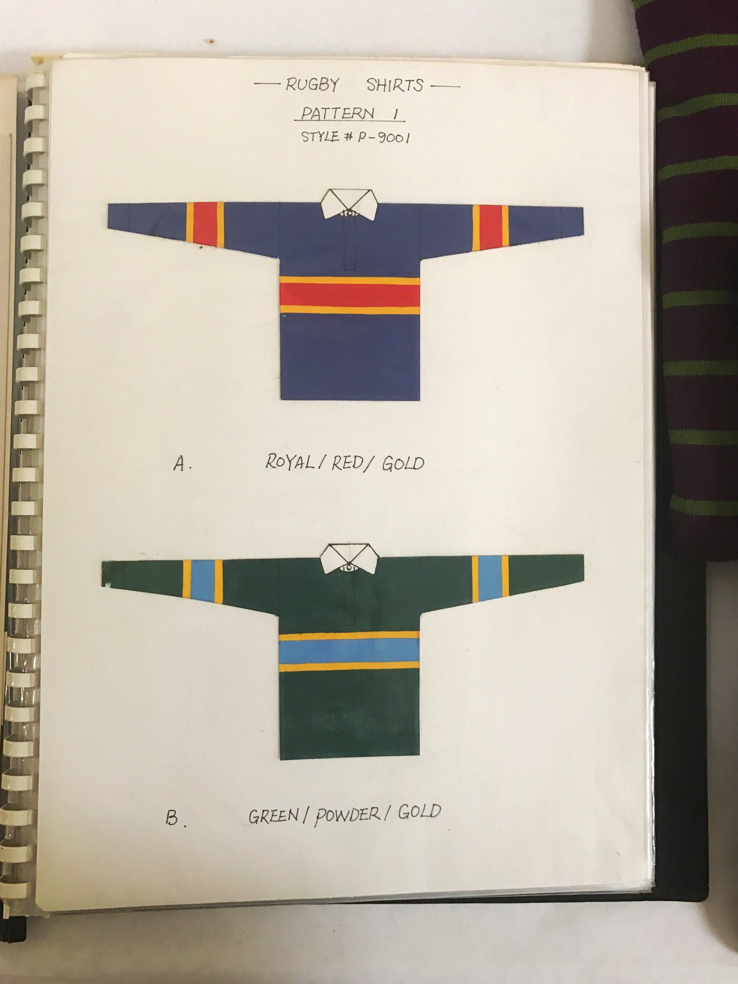 Hand-painted specs sheet for the earliest rugby shirts.