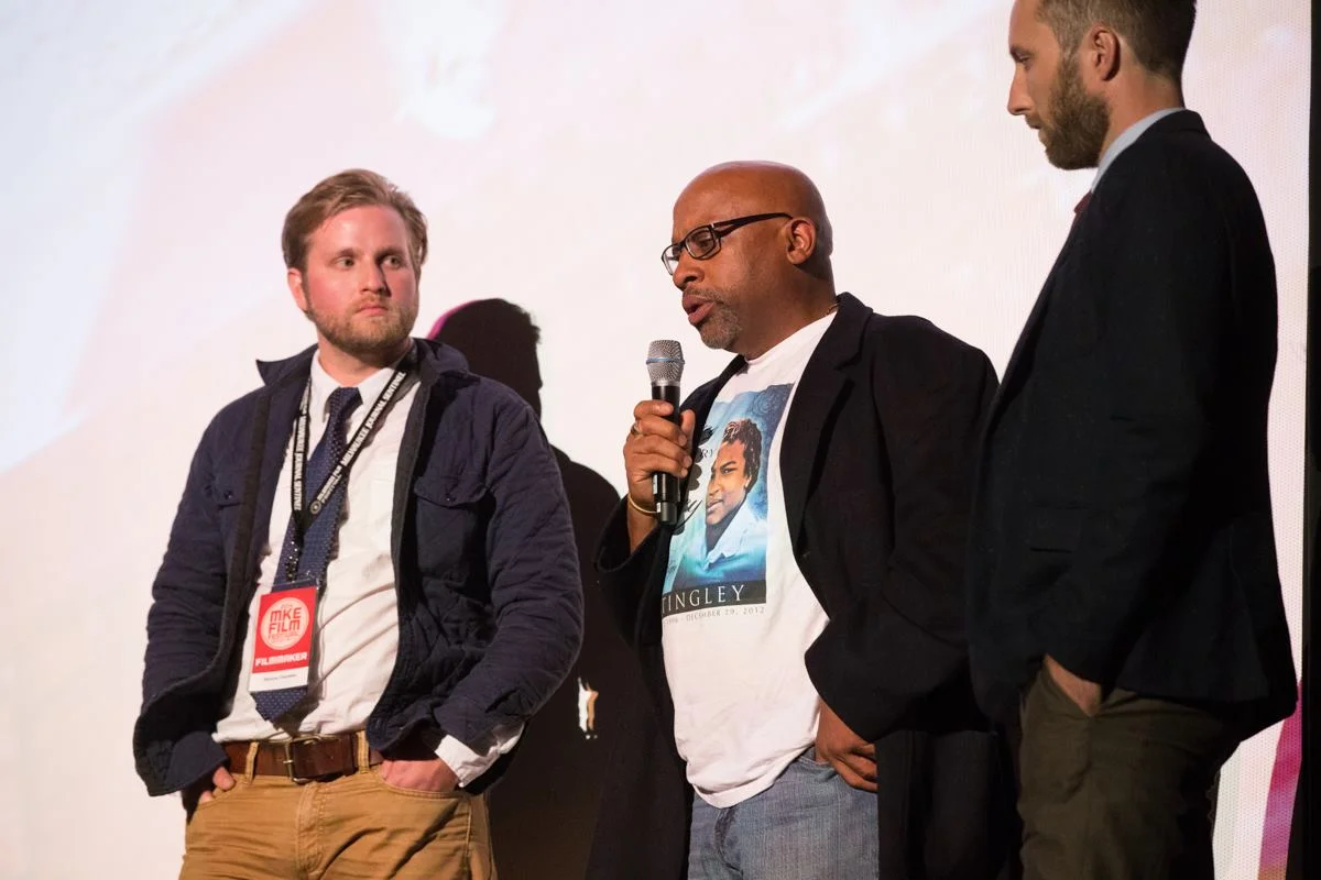 Father of Corey Stingley, Craig addresses the crowd at the Milwaukee Film Festival after the screening of the film featuring his son.
