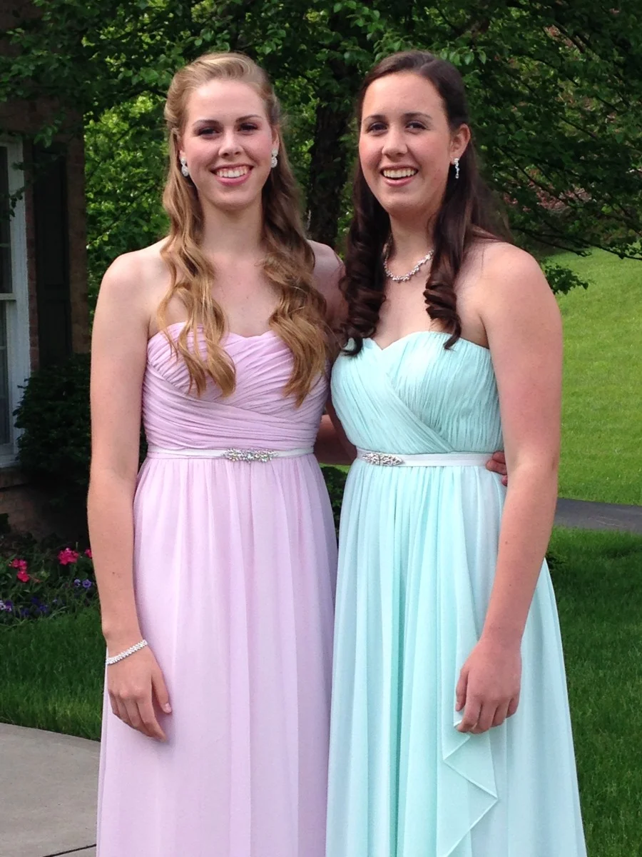 Pastel Donna Morgan prom dresses Elle & Jae belts