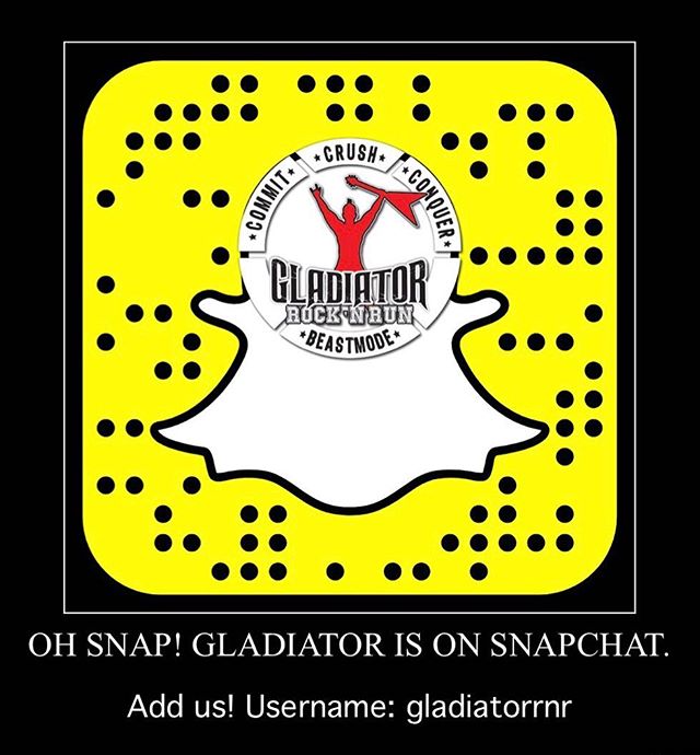 Follow us on Snapchat! Username: gladiatorrnr

There may be a sneak peak at Gladiator Rose Bowl participant shirts. You'll just have to follow us to see! 
#gladiatorrocknrun #gladiatorevent #gladiatorrocknrun2017 #gladiatorrosebowl #eventsneakpeaks
