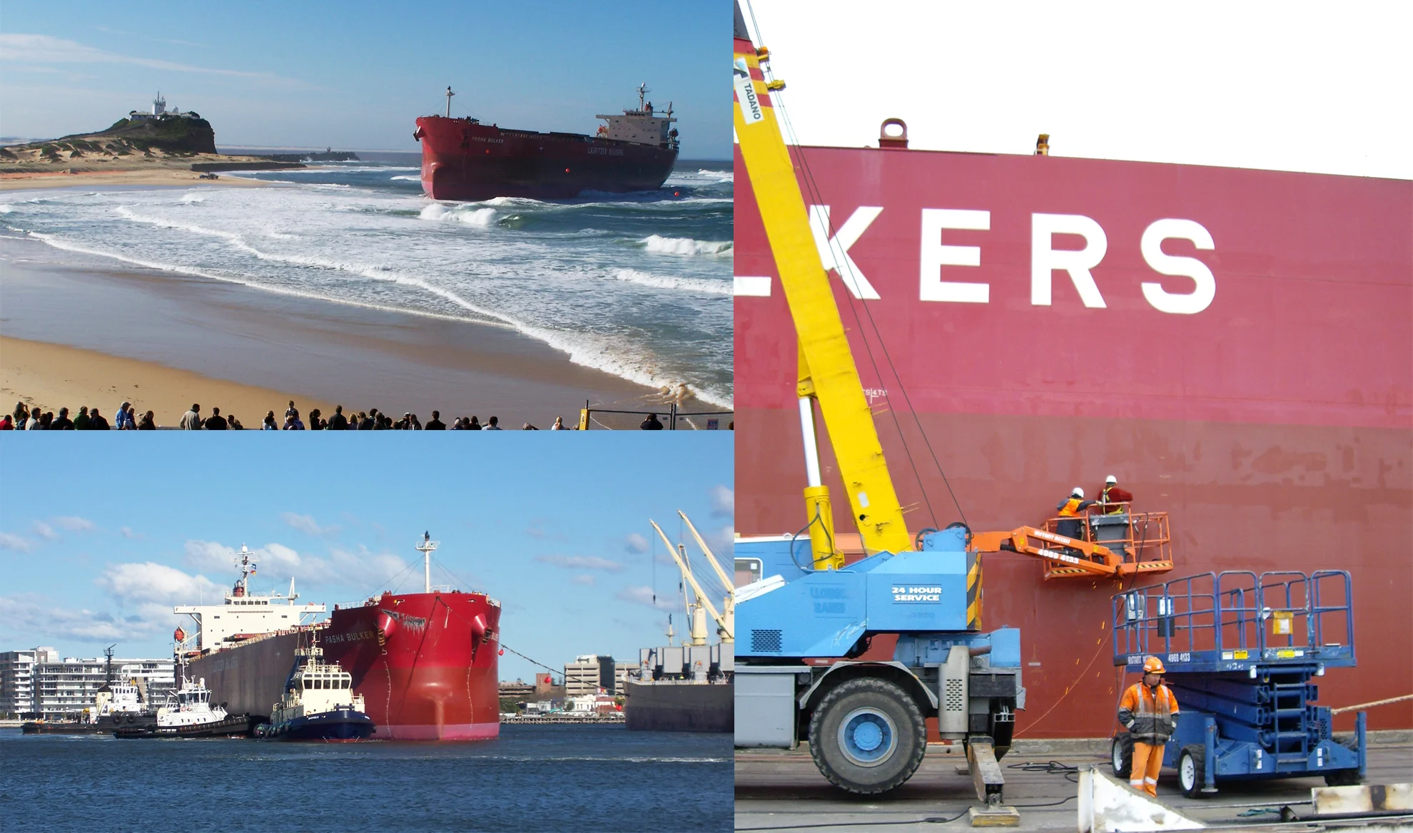 Clockwise from top left: crowds in awe of the beached Pasha; Varley workers restore the ship's hull; Varley-modified tug boats tow the vessel into Newcastle Harbour.