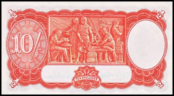 A 1930s Australian 10 Shilling note - the modest weekly wage of both Clem Varley and James Colgan during Varley's toughest time. (Source: www.autralianbanknote.net)