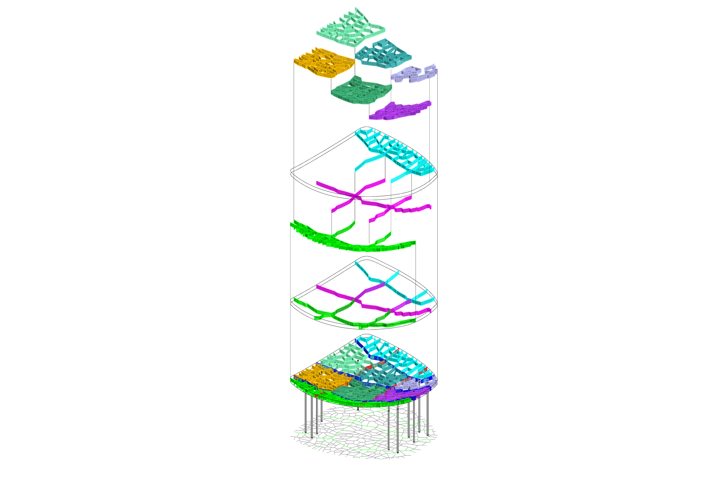 Exploded axonometric of Leaf Canopy components