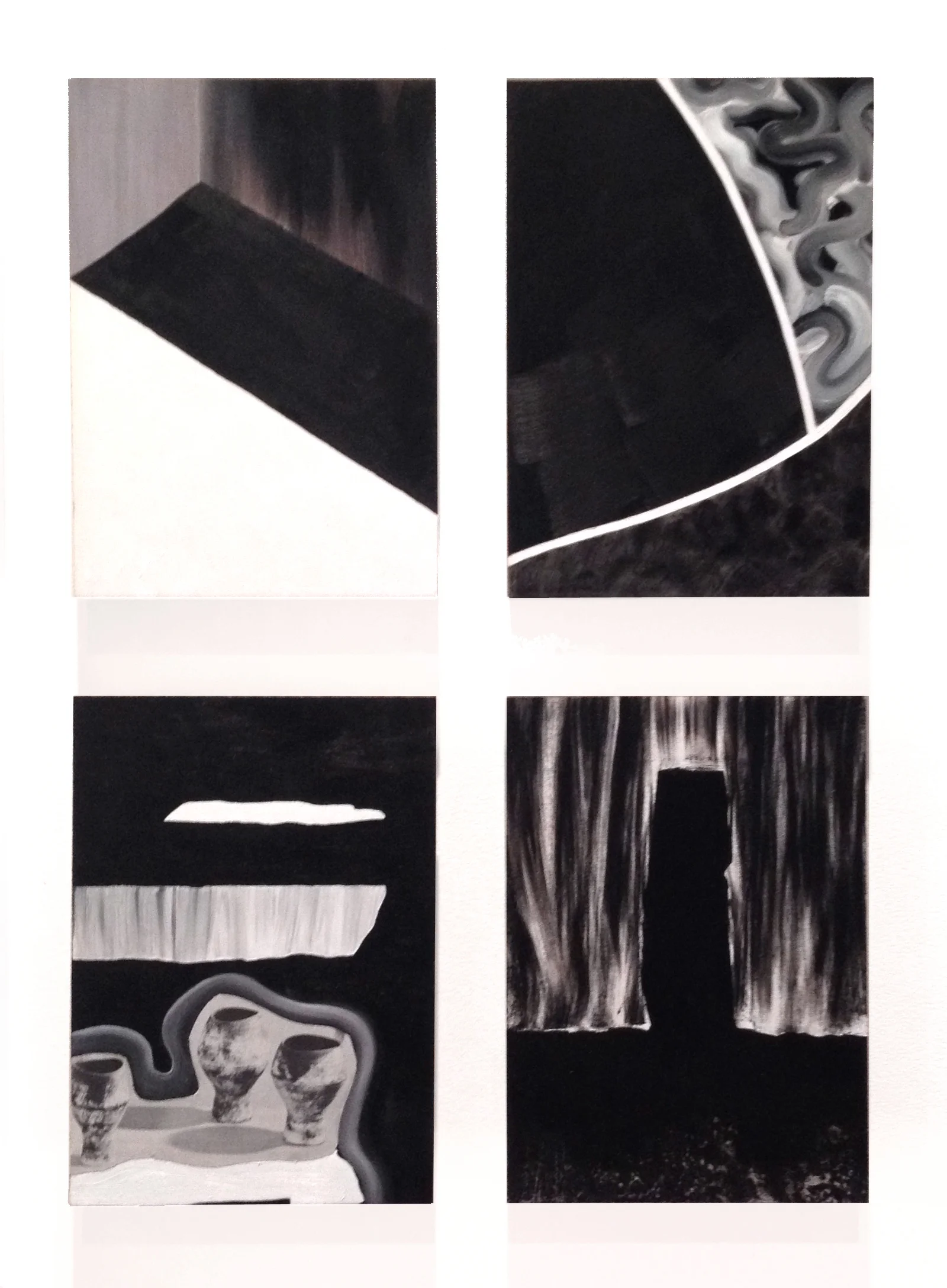 A room with a view (installation shot) (2014), #1, #2, #4 Oil on gesso board mounted on panel, #3 Oil and collage on gesso board mounted on panel), 5 x 7 in. each