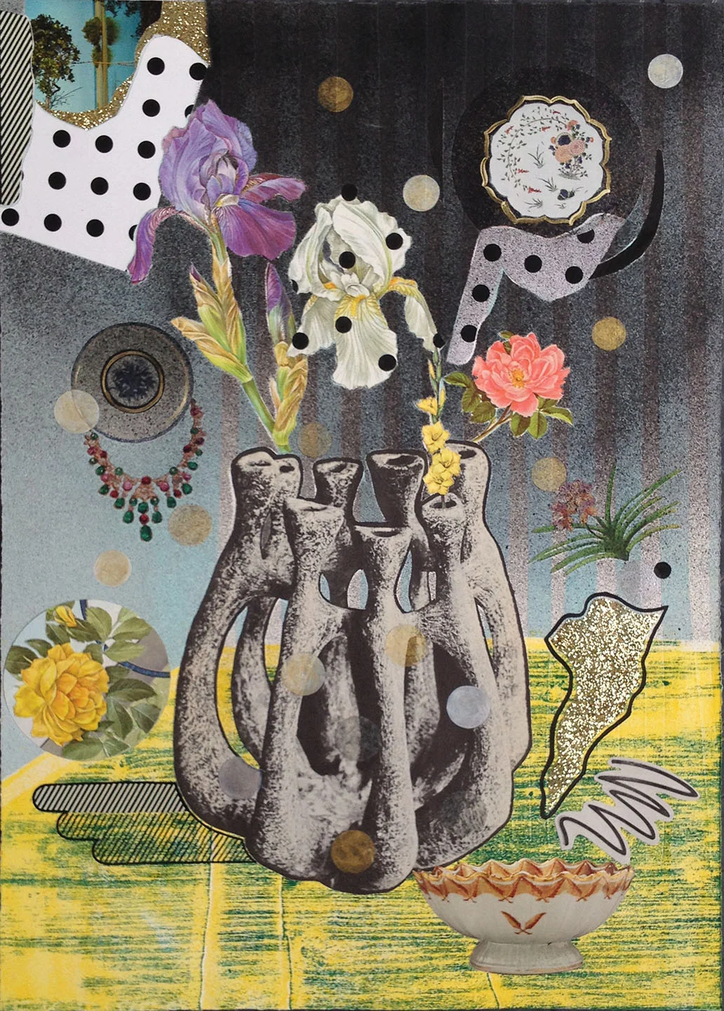Daydreaming (2015) Monoprint, collage, flashe, acrylic ink, glass beads and glitter, 19 ½ x 13 ¾ in.